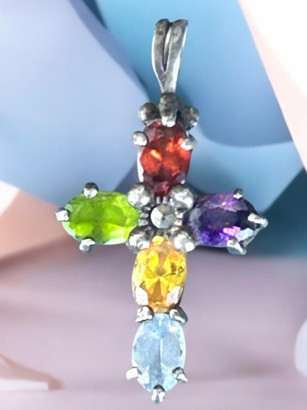 Vintage Italy Sterling Silver Stamped Marcasite Multi Gemstone Cross